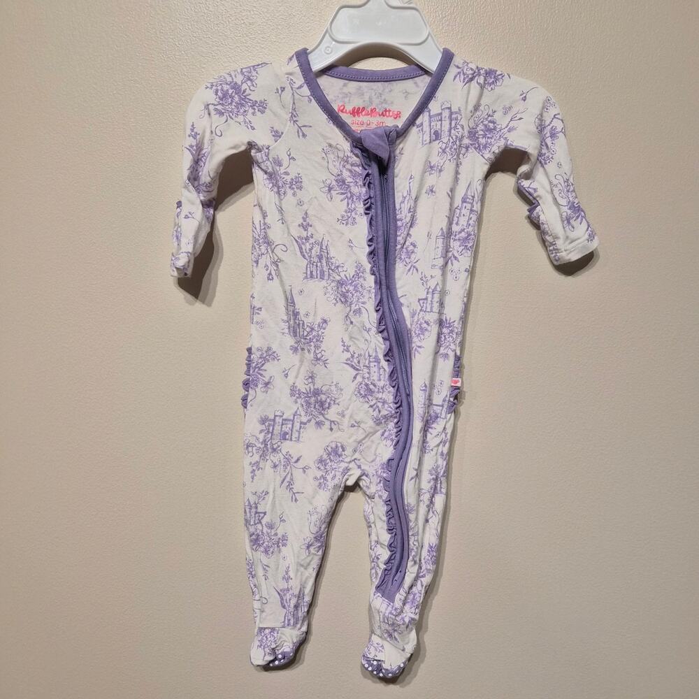 Ruffle Butts 0-3 Months Purple and White Zip Footie Pajama